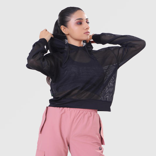 FIBR LOOSE FIT MESH HOODIE - Black
